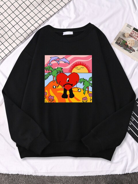 Bad Bunny Sad Love Heart Beach Sun Dolphin Palm Tree Sweatshirts Bad Bunny Sad Love Heart Beach Sun Dolphin Palm Tree Sweatshirts
